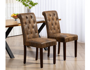 Set of 2 Kensington Leather Air Suede Dining Chairs Scroll High Back Brown